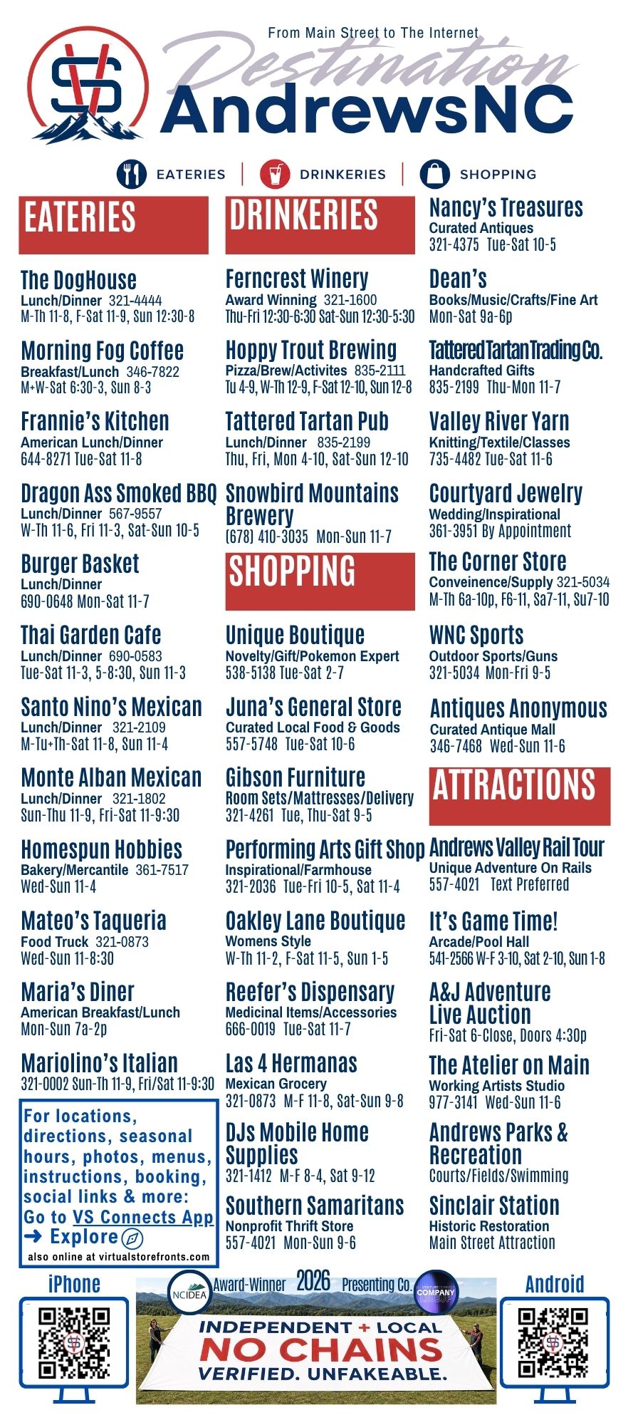 The Destination AndrewsNC Pocket Guide listing dozens of local eateries, drinkeries, shops, and attractions
